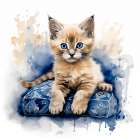 Kitten with blue eyes on cushion Art Print